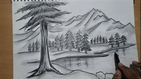 how to draw nature / mountain scenery with river and trees - YouTube
