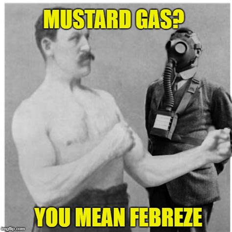 Image tagged in funny memes,overly manly man,air freshener,poison,gas mask,gas - Imgflip