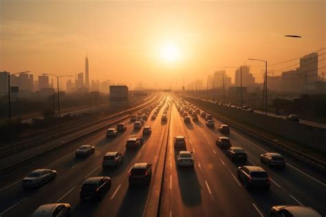 Premium AI Image | Overcrowded highway leading to metropolis at sunset ...