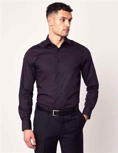 Men's Dress Dark Purple Slim Fit Cotton Stretch Shirt - Single Cuff ...