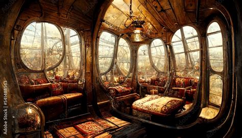 Steampunk Airship living room interior Victorian design illustration Stock Illustration | Adobe ...