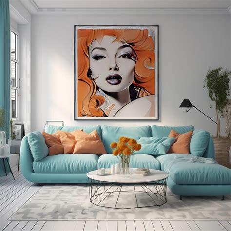Premium AI Image | Modern living room with turquoise sofa and big posters