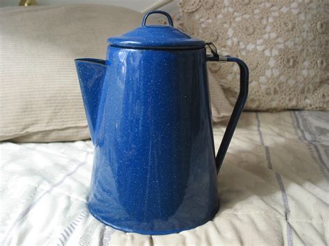 COFFEE POT Percolator Camping Blue Speckled Enamel