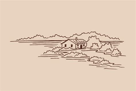 Landscape with country house. Hand drawn illustration converted to ...