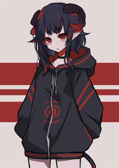 Safebooru - 1girl absurdres black choker black hair black hoodie black horns choker eyebrows ...