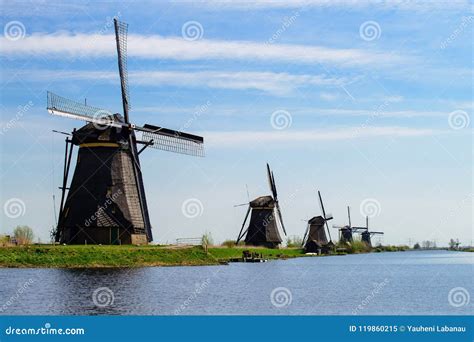 The Netherlands Rural Landscape with Famous Windmills in Kinderdijk Museum in Holland. Sunny ...