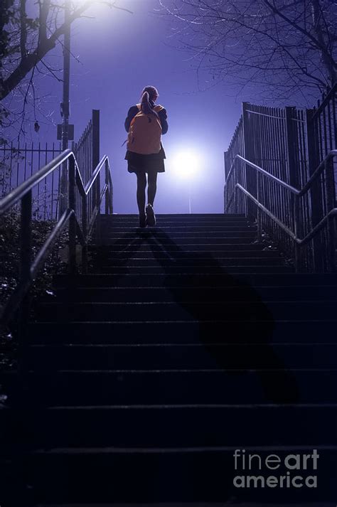 School Girl Walking Alone Up Steps Outdoors At Night Photograph by Lee Avison - Fine Art America