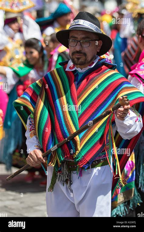 June 17, 2017 Pujili, Ecuador: man in colorful traditional clothes at ...