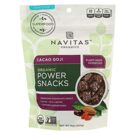 Navitas organics power snacks, cacao goji are satisfying on-the-go snacks. This product is made ...