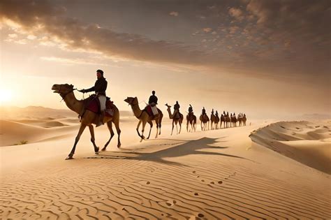 Premium Photo | A group of camels are riding through the desert.