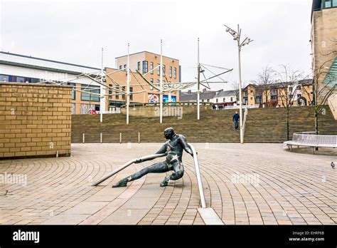 Sculpture in the Town Square in the centre of Hamilton South Lanarkshire Scotland with wide ...