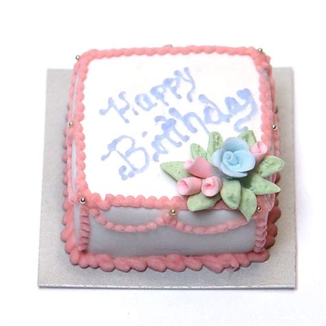 Minature Happy Birthday Square Sheet Cake w/blue & pink roses | Stewart Dollhouse Creations