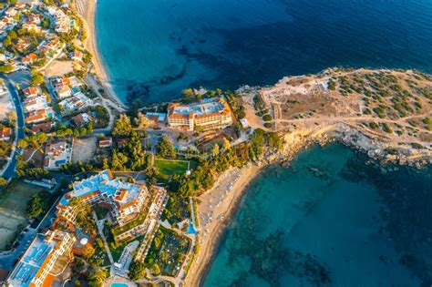 Aerial View of Coral Bay, Famous Place with Sandy Beaches Near Paphos, Cyprus and Rock Cliffs ...