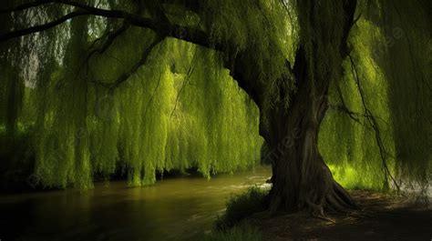 Large Green Willow Tree Is By The River Background, Weeping Willow Tree Picture, Weeping Willow ...