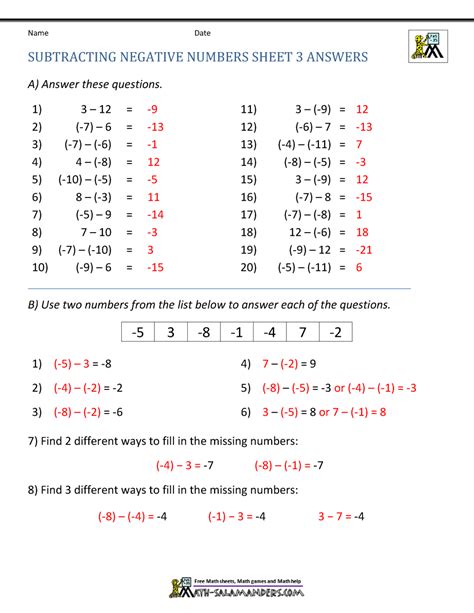 subtracting negative numbers worksheet with answers - adding and subtracting positive and ...