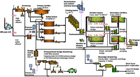 Process flow diagram of the pulp mill WWTP. The location of the ...