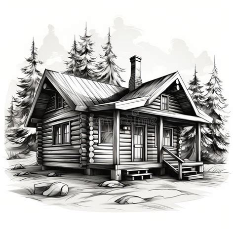 Simple Cabin: a Detailed Pencil Sketch of a Log Cabin in the Wilderness Stock Illustration ...