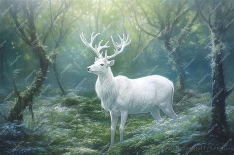 Premium AI Image | A white deer with antlers is standing in the woods.