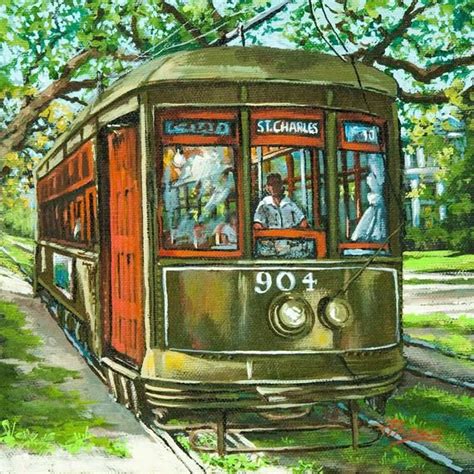 New Orleans Streetcar Painting, New Orleans Historic Streetcar, St. Charles Avenue, Green & Red ...