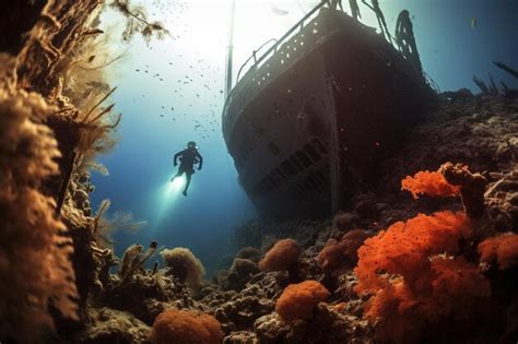 Premium AI Image | CoralCloaked Shipwreck A Diver039s Glimpse into ...