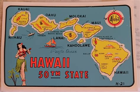 VINTAGE HAWAII 50TH STATE DECAL MAP HULA GIRL TRAVEL SOUVENIR MINT CONDITION!! | #4639766082