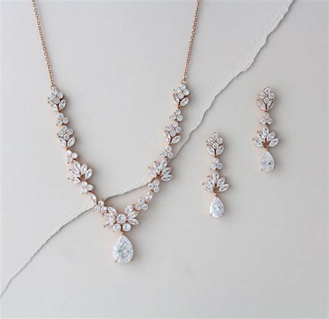 Rose Gold Bridal Necklace and Earring Set Bridal Jewelry Set - Etsy UK