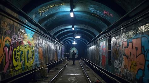 Premium AI Image | A person walking in a dark tunnel with graffiti on the walls Generative AI