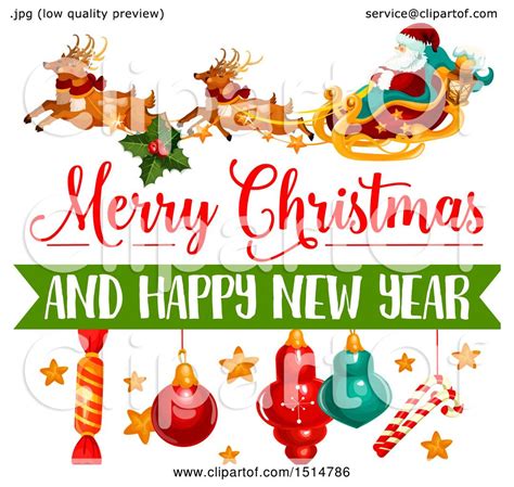 Clipart of a Merry Christmas and Happy New Year Greeting with Santa and Reindeer Flying a Sleigh ...