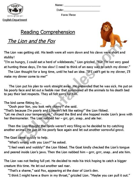 Reading Comprehension ´Fable´ (The Lion and The Fox) - ESL worksheet by Eldaowdy