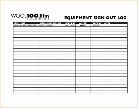 Equipment Sign Out Sheet Template Excel