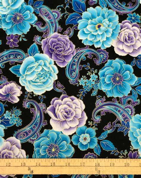 Blue Floral Paisley Cotton Fabric With Gold Highlights Hi | Etsy