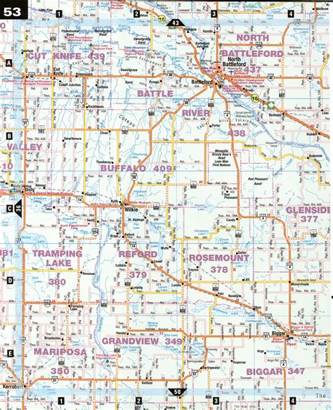 Road map Saskatoon and North Battleford city surrounding area (Saskatchewan, Canada)