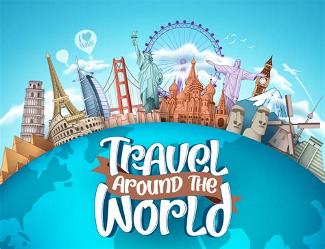 Travel around the world vector tourism design. Travel the world text, famous tourism landmarks ...