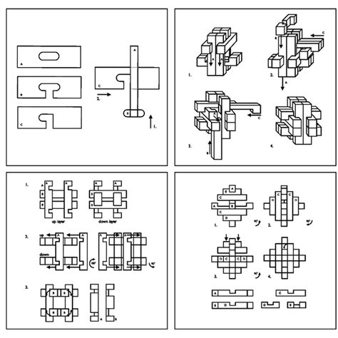 set of four wooden puzzles solutions bamboozlers 3d brain teasers ...