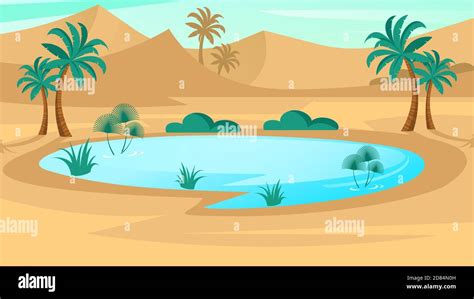 Oasis en el desierto. Paisaje en diseño plano. Ilustración vectorial ...