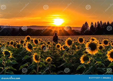 Sunflower Field with Silhouette of Person for Warm and Inviting Photo Stock Illustration ...