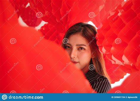 Close Up Young Beautiful Asian Woman in Hanging Red Chinese Lanterns District Stock Photo ...