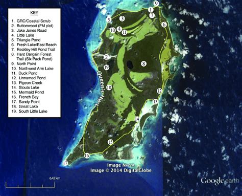 Map of San Salvador Island, The Bahamas, showing numbered areas ...