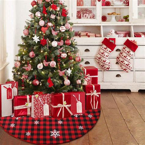 Red/Black Buffalo Plaid Christmas Tree Skirt with Snowflakes