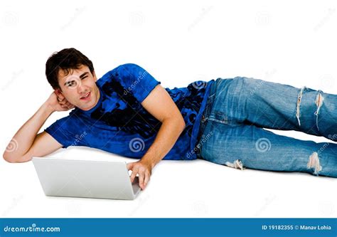 Smiling man using a laptop stock image. Image of positivity - 19182355