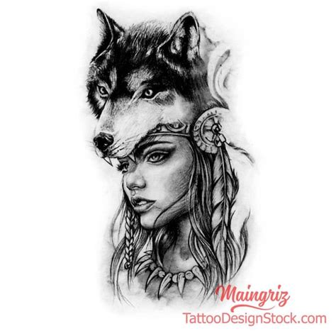 Wolf and woman face custom tattoo design | Etsy