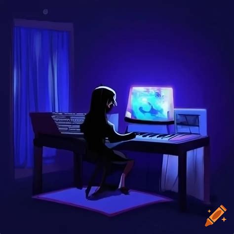 Digital art of a purple-lit anime bedroom with a desk and piano keyboard on Craiyon