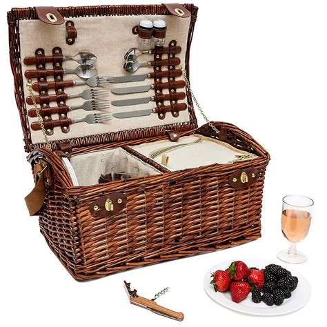 Large Wicker Picnic Basket for 4 with Insulated Cooler Bag and Supplies, 18 X 12 X 10 inches ...