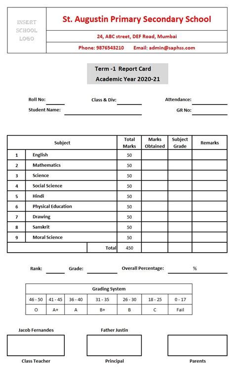 Report Card Template Excel