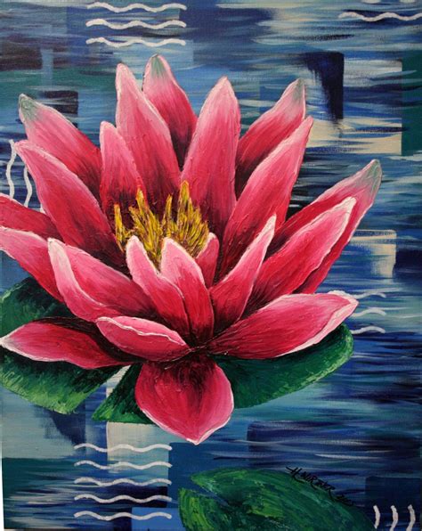 16x20 Original Acrylic Painting of Textured Pink Water Lily on Lily Pad Floating on Abstract ...