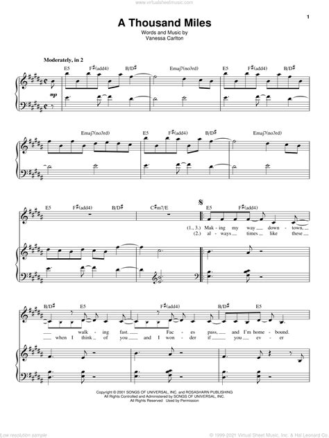 Carlton - A Thousand Miles sheet music for voice and piano [PDF]