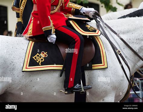 British Army Officer on horse back detail, Trooping the Colour. The Mall. London England Stock ...