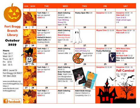 October Calendar of Events 2019 - Fort Bragg Library