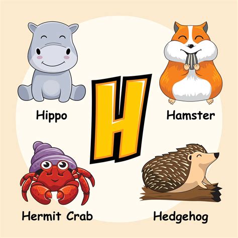 Animals Alphabet Letter H for Hedgehog Hamster Hippo Hermit Crab ...