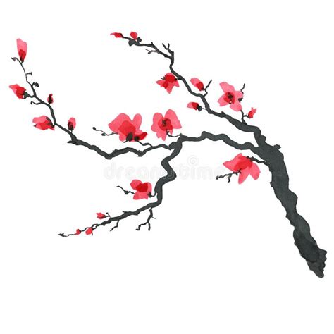 Sakura Tree in Japanese Style. Watercolor Hand Painting Illustration ...